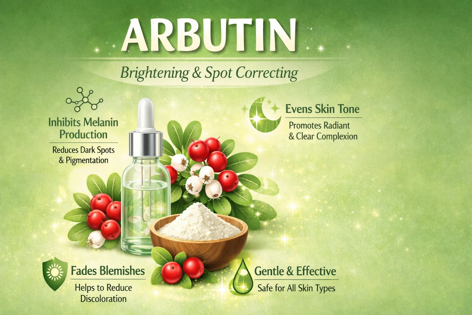 Illustration showcasing arbutin's skincare benefits including inhibiting melanin production and evening skin tone with botanical elements and dropper bottle.